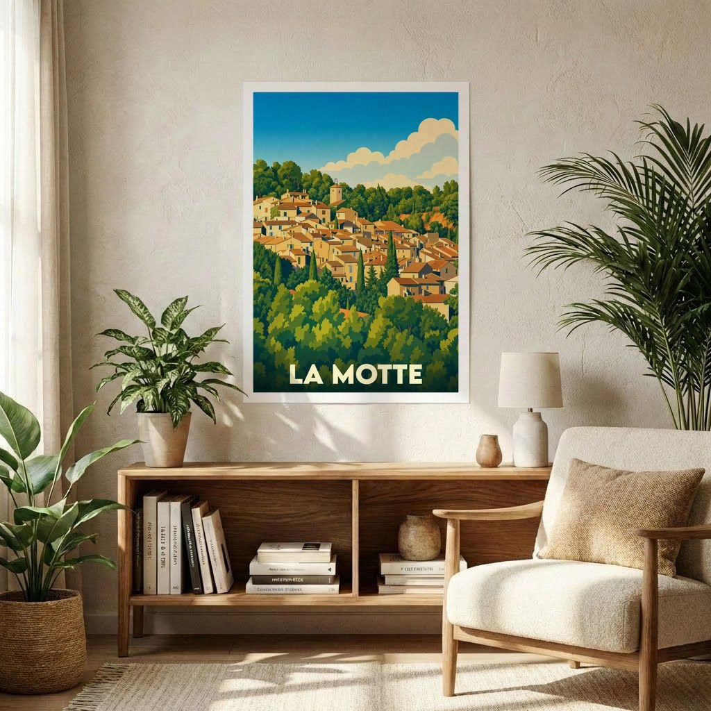 Affiche souvenir de la ville de La Motte présentant une illustration stylisée d'un village provençal niché dans la végétation.