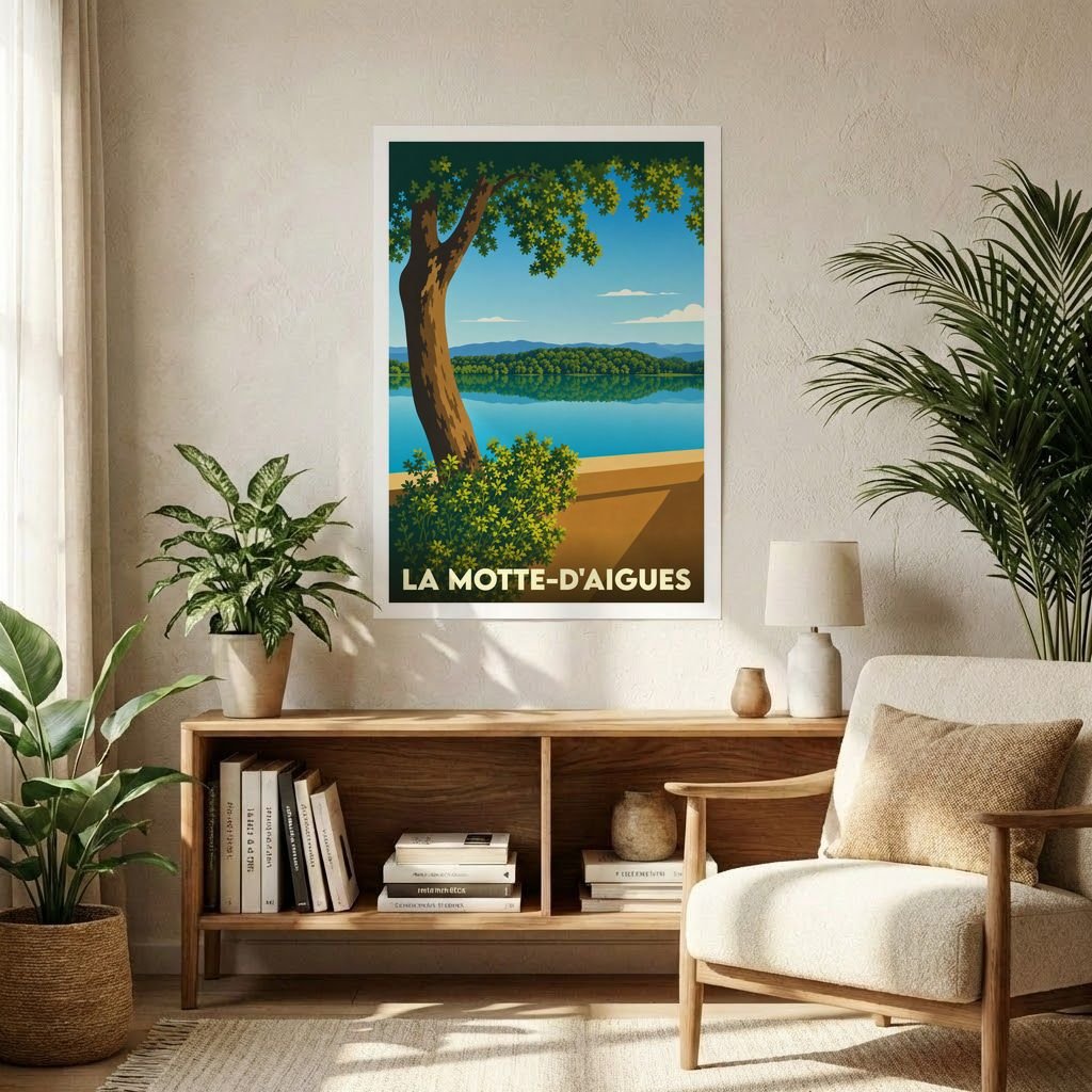 Affiche souvenir de la ville de La Motte-d'Aigues avec une illustration stylisée d'un paysage de lac bordé d'arbres.