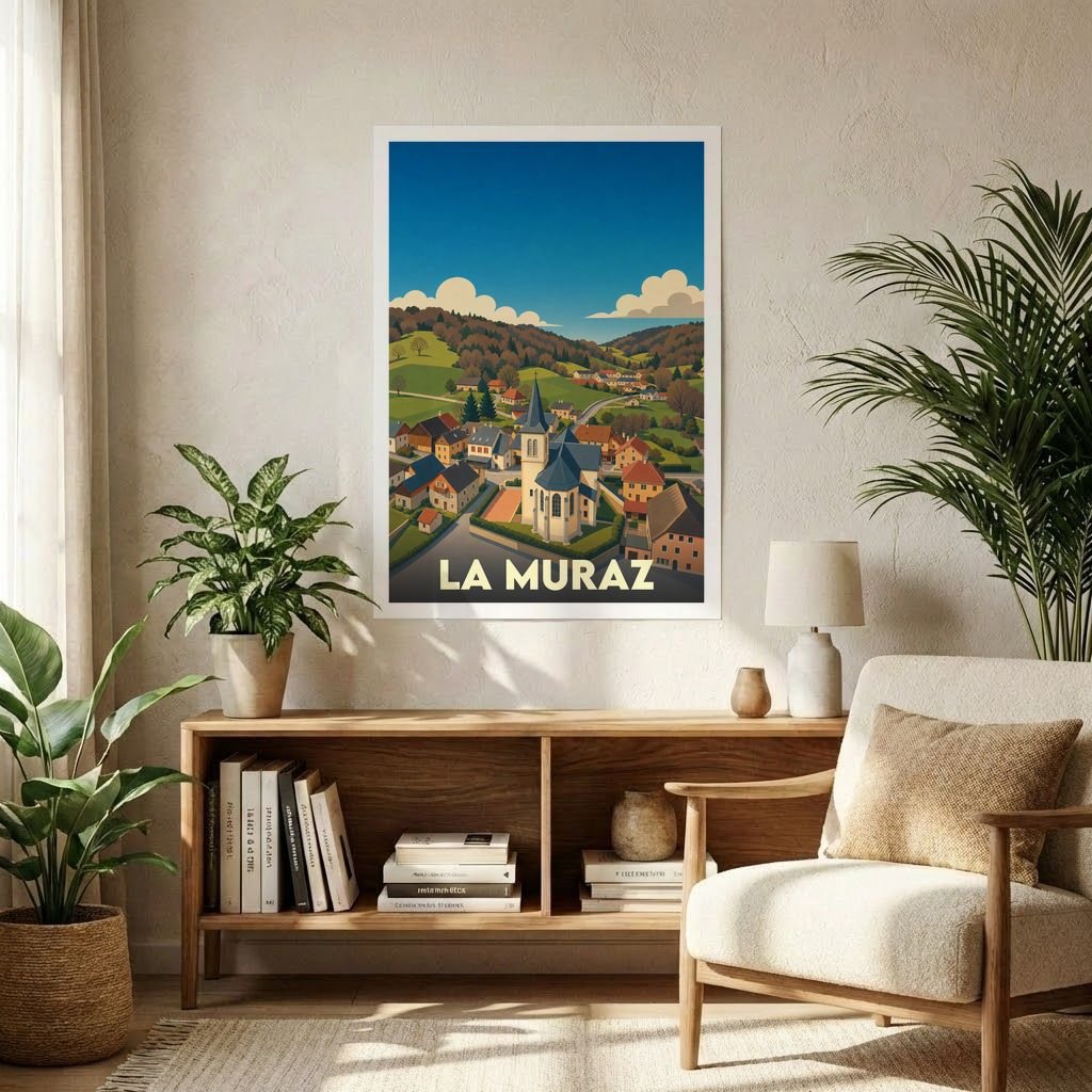 Affiche souvenir de la ville de La Muraz présentant une illustration stylisée d'un village de montagne.