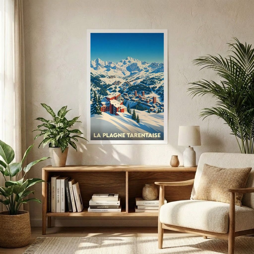 Affiche souvenir de la ville de La Plagne Tarentaise avec une illustration stylisée de station de ski en montagne.