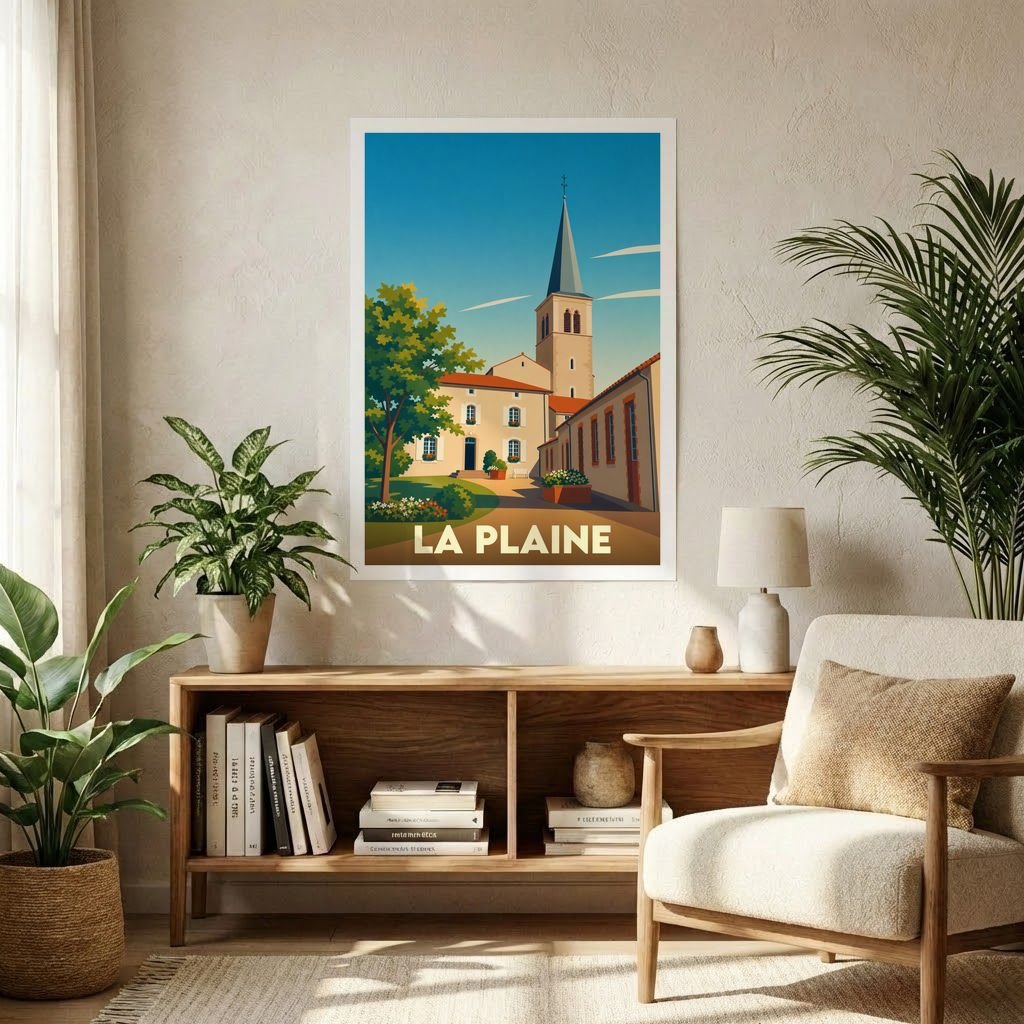 Affiche souvenir de la ville de La Plaine avec une illustration stylisée.