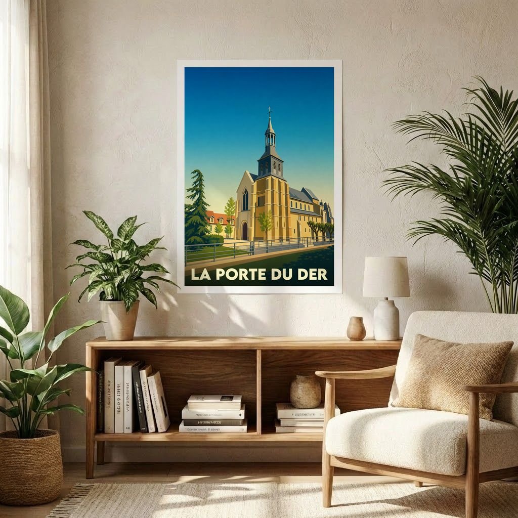 Affiche souvenir de la ville de La Porte du Der avec une illustration stylisée de son église.