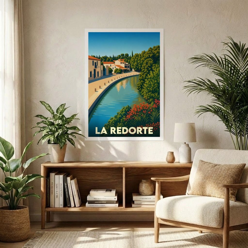 Affiche souvenir de la ville de La Redorte avec une illustration stylisée d'un canal et de maisons colorées.