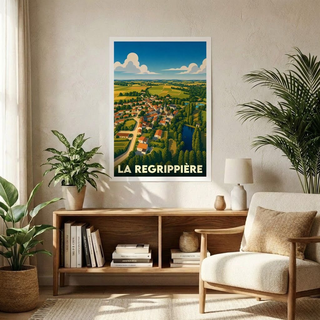 Affiche souvenir de la ville de La Regrippière avec une illustration stylisée de son paysage urbain et rural.