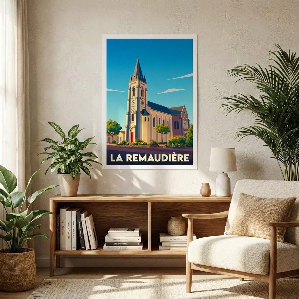 Affiche souvenir de la ville de La Remaudière représentant son église dans un style graphique épuré.