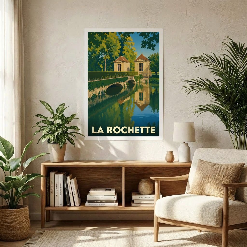 Affiche souvenir de la ville de La Rochette avec une illustration stylisée d'un pont et de ses pavillons bordant l'eau.