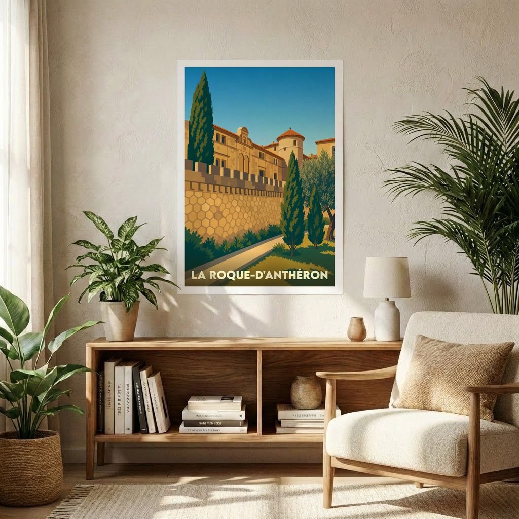 Affiche souvenir de la ville de La Roque-d'Anthéron avec une illustration stylisée de son patrimoine architectural.
