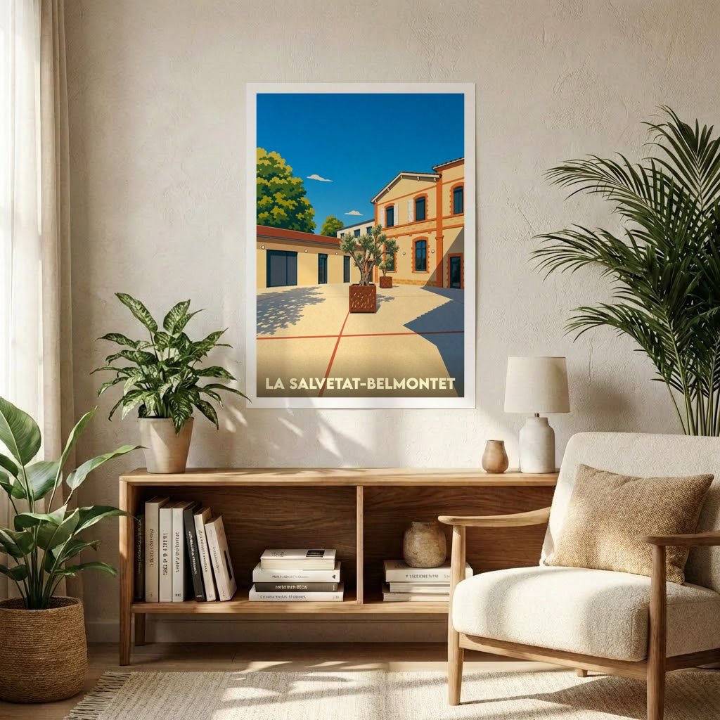 Affiche souvenir de la ville de La Salvetat-Belmontet avec une illustration stylisée de sa place principale.