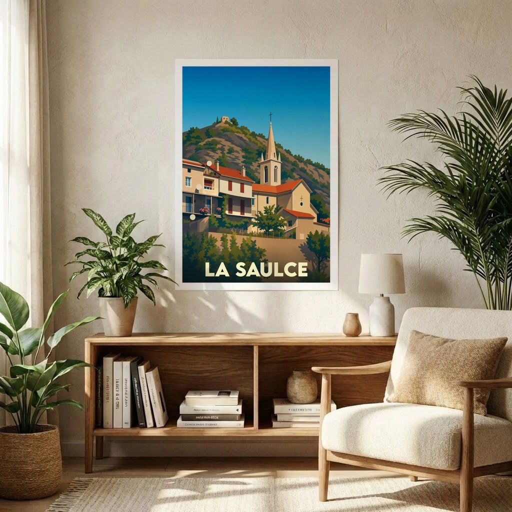 Affiche souvenir de la ville de La Saulce avec une illustration stylisée.
