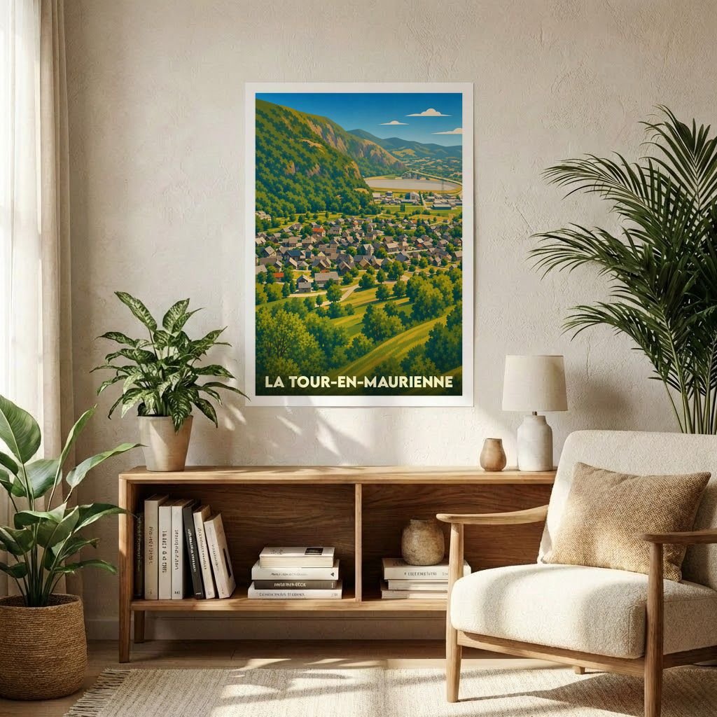 Affiche souvenir de la ville de La Tour-en-Maurienne avec une illustration de paysage stylisée.