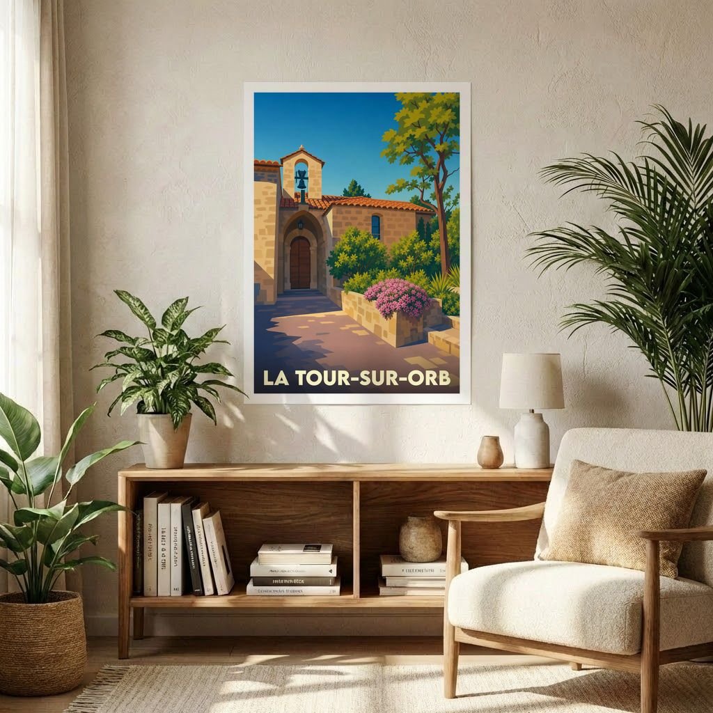 Affiche souvenir de la ville de La Tour-sur-Orb avec une illustration stylisée et colorée de ses bâtiments en pierre.