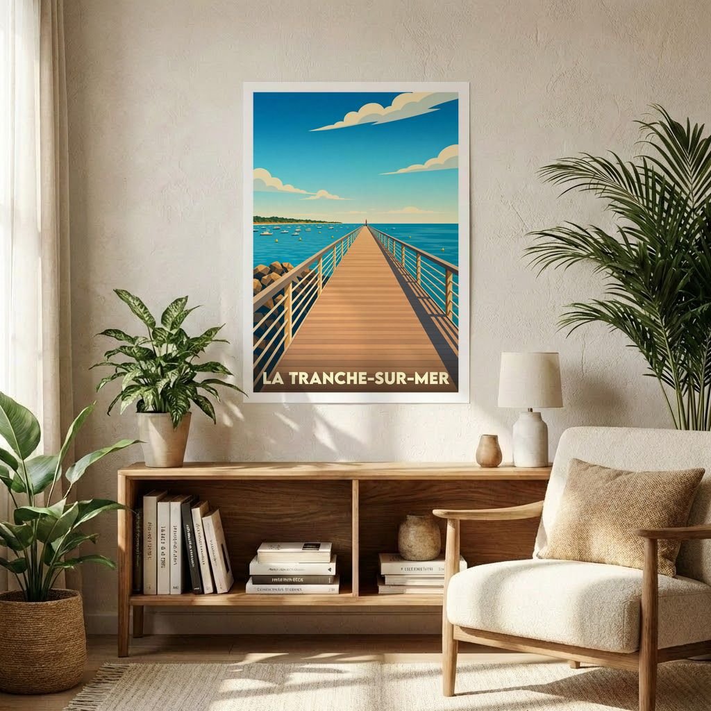 Affiche souvenir de la ville de La Tranche-sur-Mer avec une illustration stylisée d'une estacade s'avançant dans l'océan.