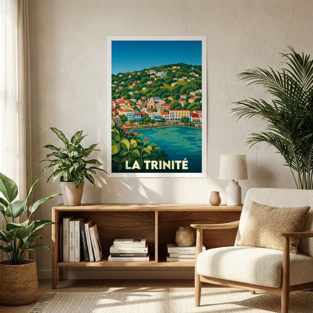 Affiche souvenir de la ville de La Trinité avec une illustration stylisée et colorée de son paysage côtier.
