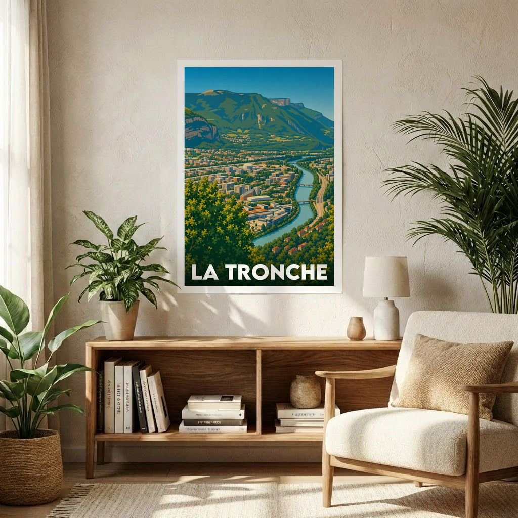 Affiche souvenir de la ville de La Tronche présentant une illustration stylisée de son paysage entre rivière et montagnes.