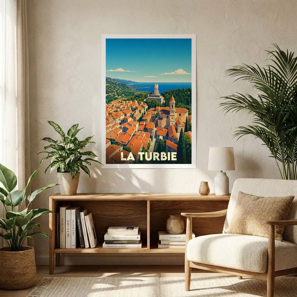 Affiche souvenir de la ville de La Turbie avec une illustration stylisée et colorée.