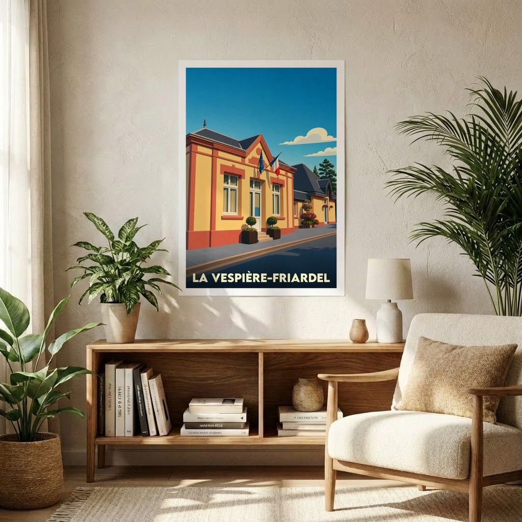 Affiche souvenir de la ville de La Vespière-Friardel avec une illustration stylisée.