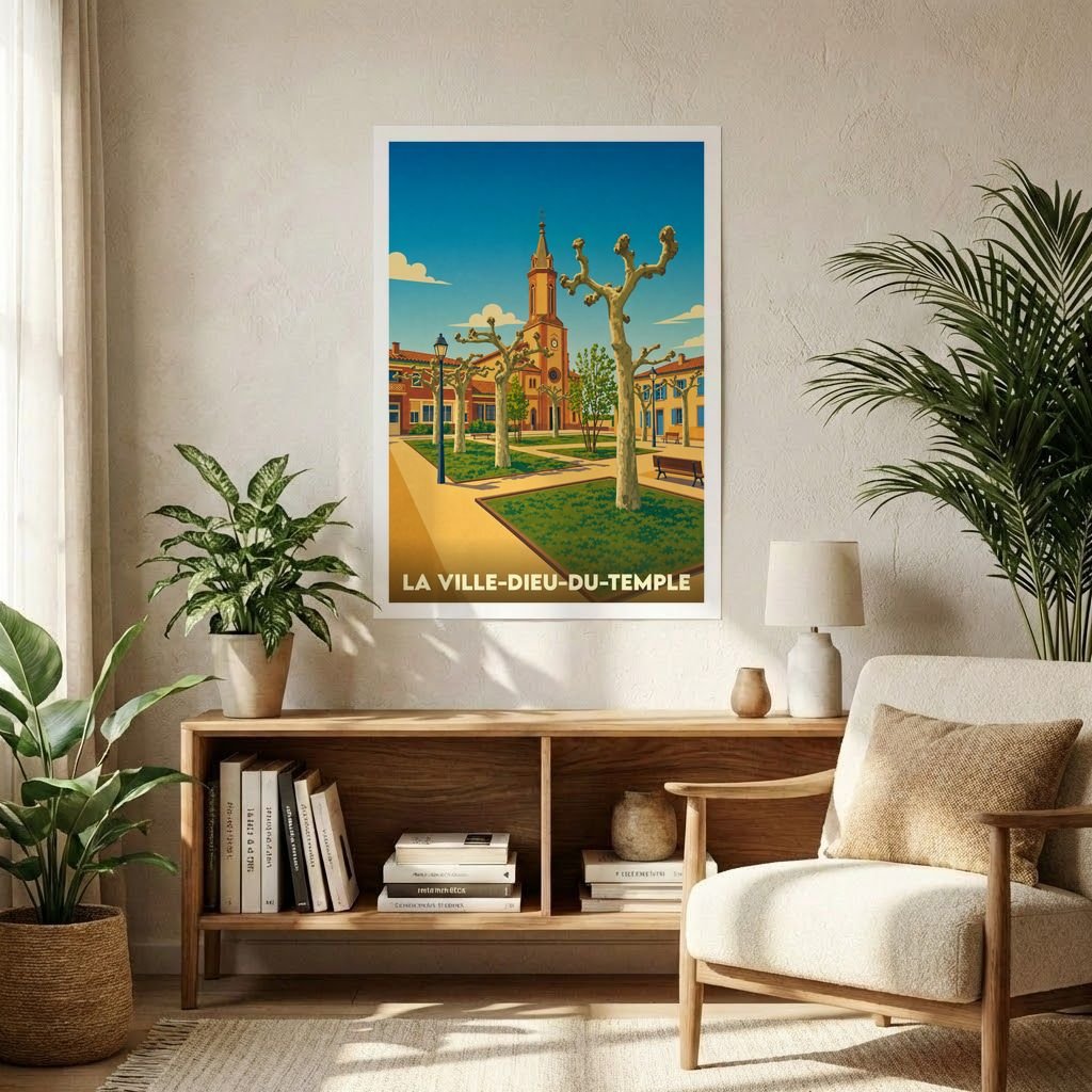 Affiche souvenir de la ville de La Ville-Dieu-du-Temple avec une illustration stylisée de sa place centrale.