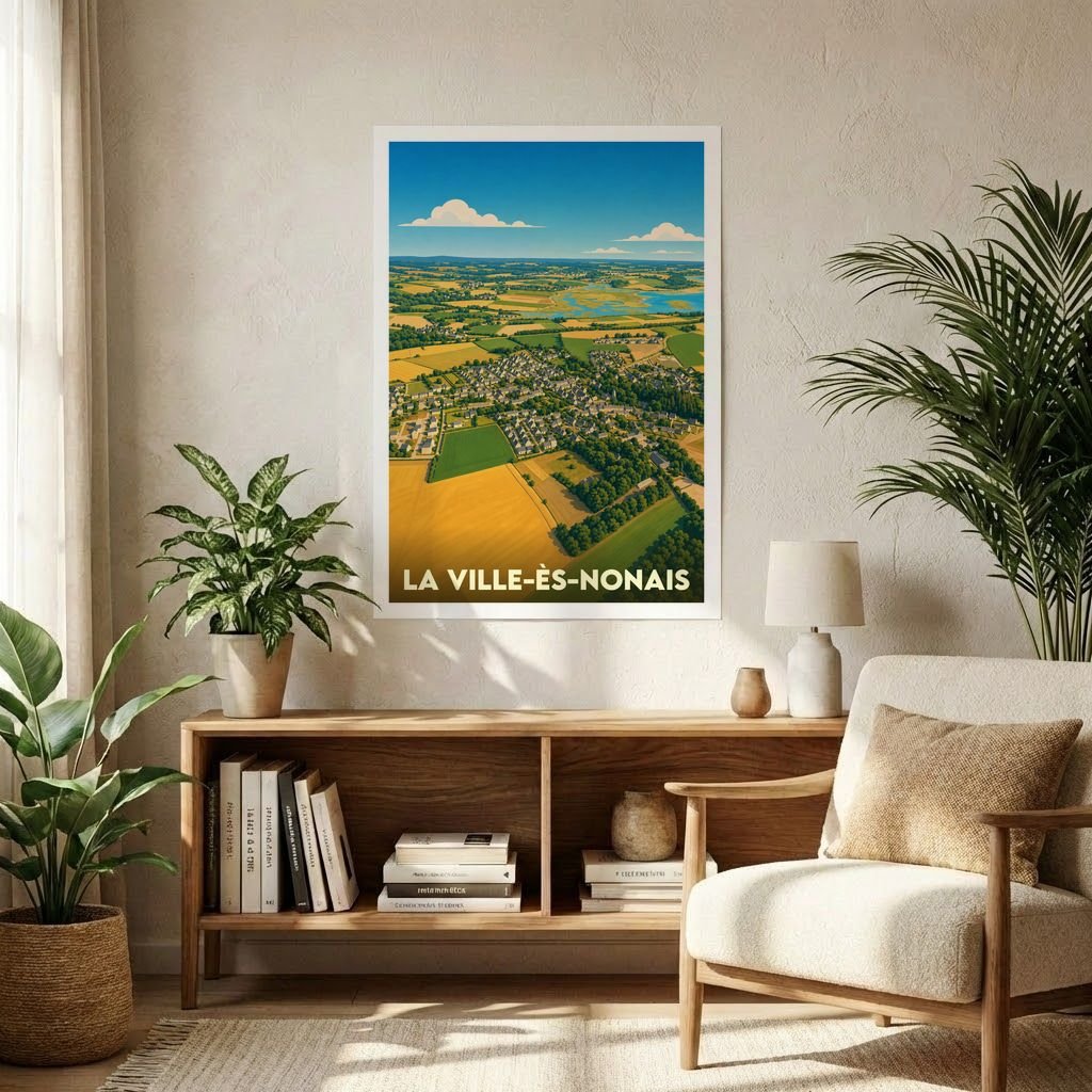 Affiche souvenir de la ville de La Ville-ès-Nonais présentant une vue aérienne illustrée des paysages et du village.
