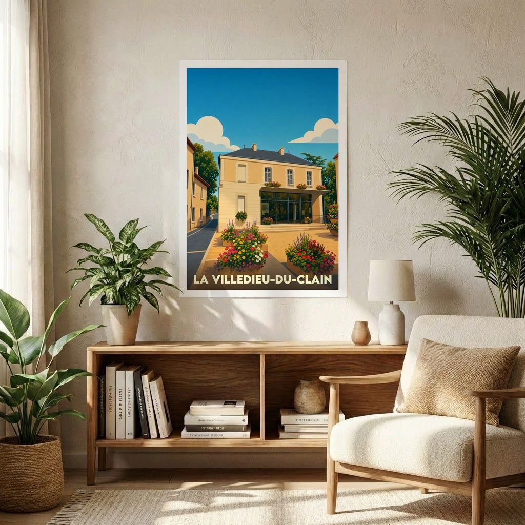 Affiche souvenir de la ville de La Villedieu-du-Clain avec une illustration stylisée et colorée.