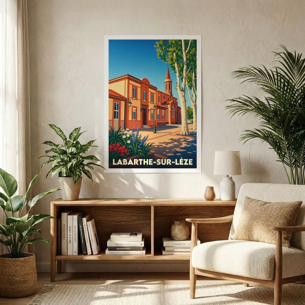 Affiche souvenir de la ville de Labarthe-sur-Lèze avec une illustration stylisée d'un bâtiment historique et d'un clocher.