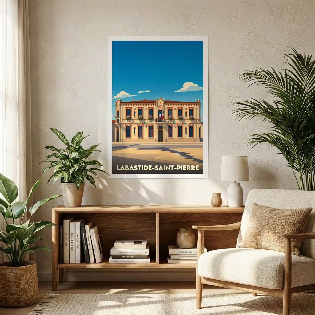 Affiche souvenir de la ville de Labastide-Saint-Pierre illustrant son hôtel de ville dans un style vintage et coloré.