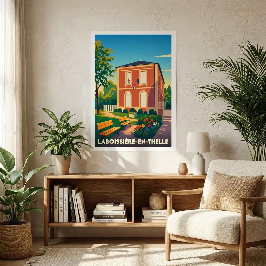 Affiche souvenir de la ville de Laboissière-en-Thelle avec une illustration stylisée de sa mairie.