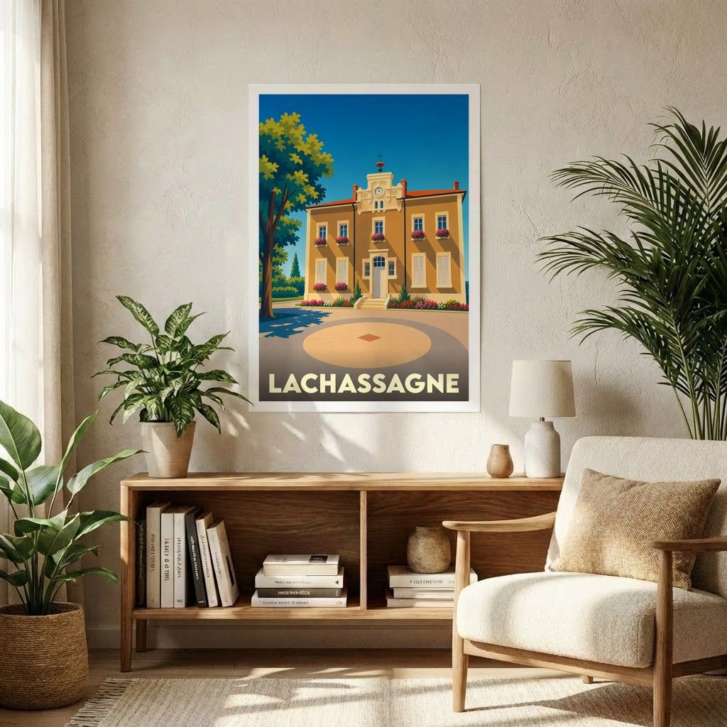 Affiche souvenir de la ville de Lachassagne représentant son château dans un style graphique épuré et coloré.
