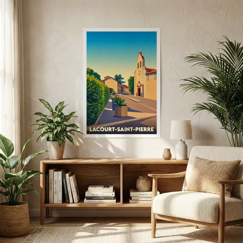 Affiche souvenir de la ville de Lacourt-Saint-Pierre avec une illustration stylisée d'une rue ensoleillée et son église.