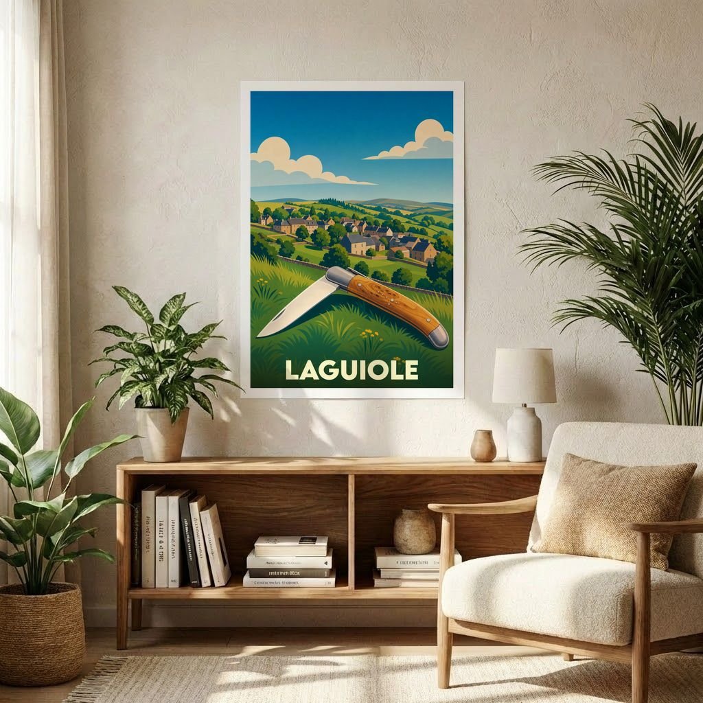 Affiche souvenir de la ville de Laguiole illustrant un couteau traditionnel devant un paysage vallonné.