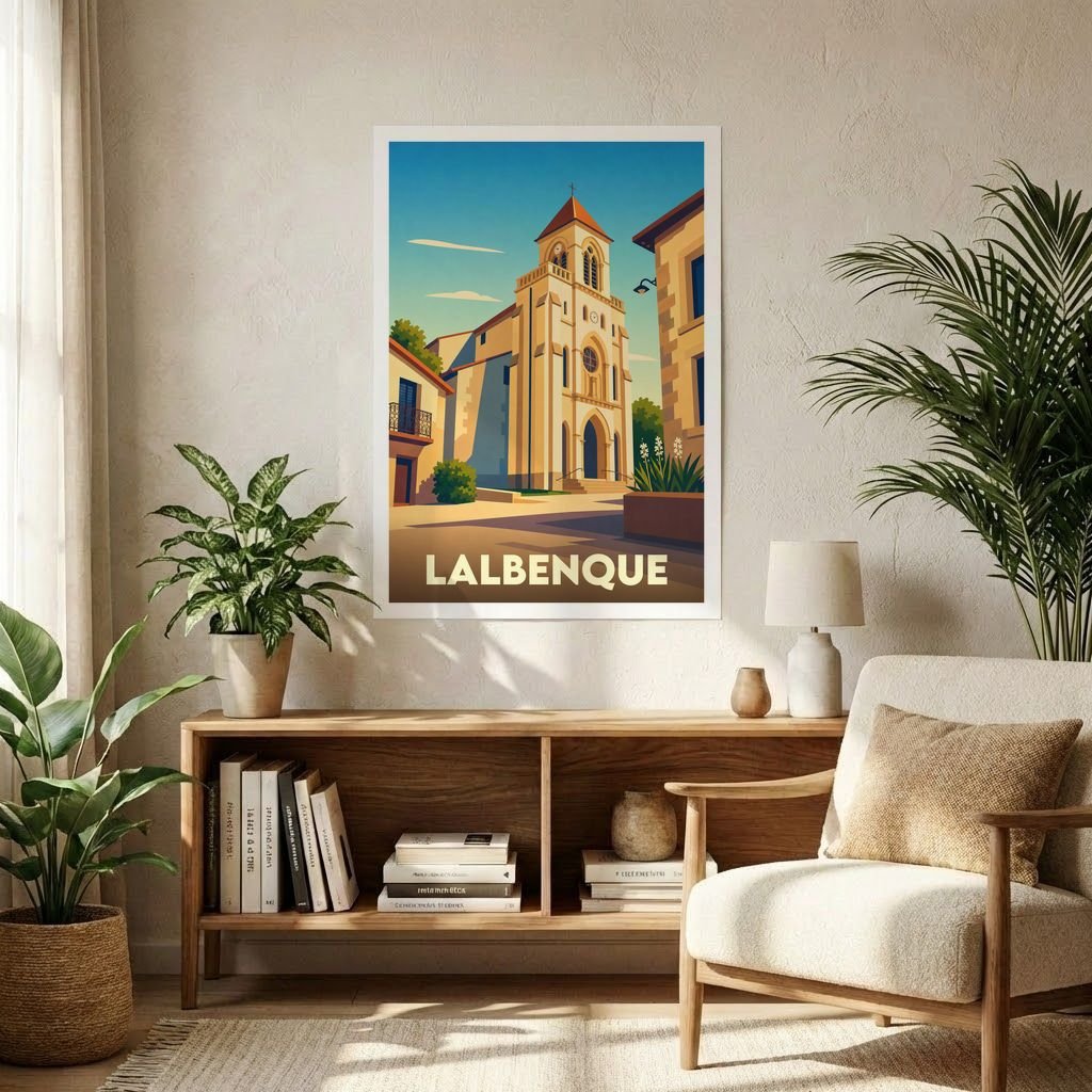 Affiche souvenir de la ville de Lalbenque représentant son église dans un style graphique rétro.