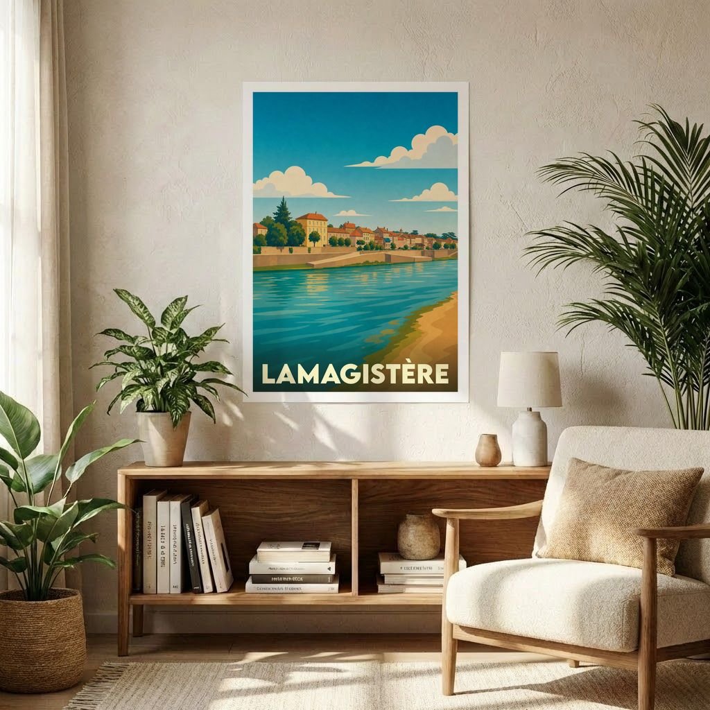 Affiche souvenir de la ville de Lamagistère avec une illustration stylisée d'un paysage de bord de rivière.