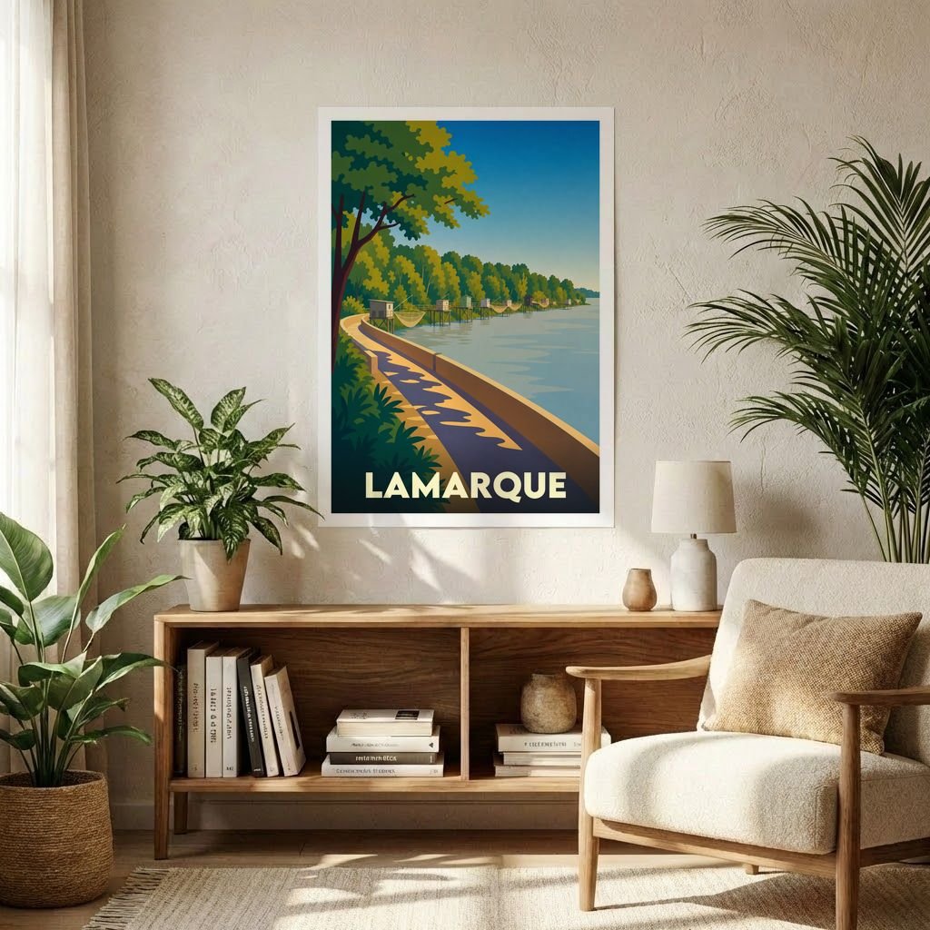 Affiche souvenir de la ville de Lamarque représentant ses carrelets de pêche en bord d'estuaire dans un style graphique épuré.