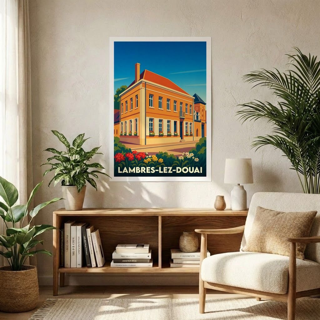 Affiche souvenir de la ville de Lambres-lez-Douai avec une illustration stylisée d'un bâtiment historique.