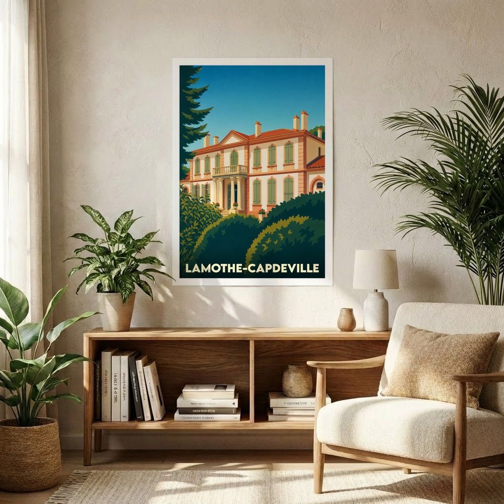 Affiche souvenir de la ville de Lamothe-Capdeville avec une illustration stylisée d'une demeure historique.