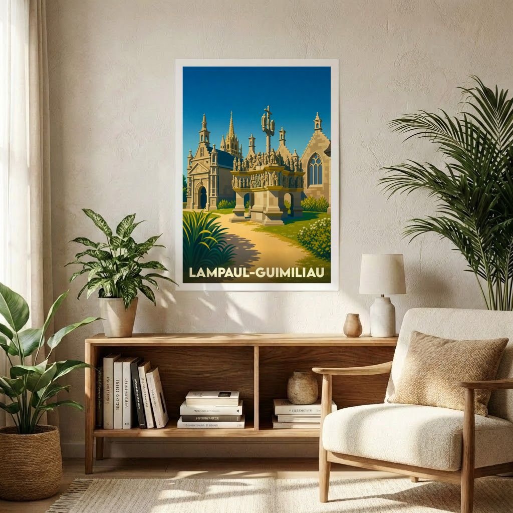Affiche souvenir de la ville de Lampaul-Guimiliau illustrant son célèbre enclos paroissial dans un style rétro.