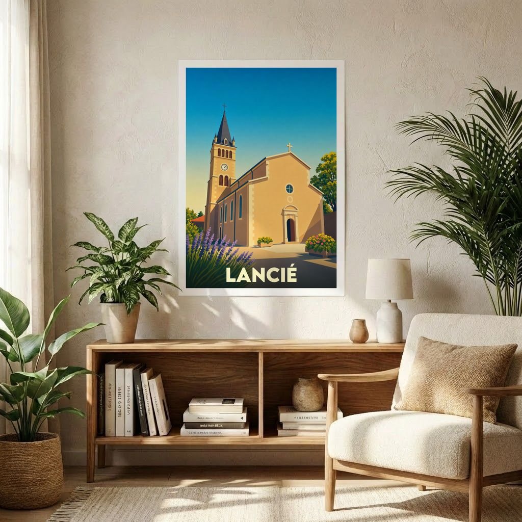 Affiche souvenir de la ville de Lancié représentant son église dans un style graphique épuré et coloré.