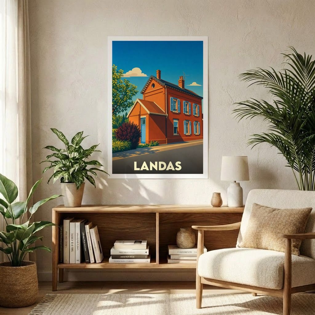 Affiche souvenir de la ville de Landas illustrant une maison typique dans un style vintage coloré.