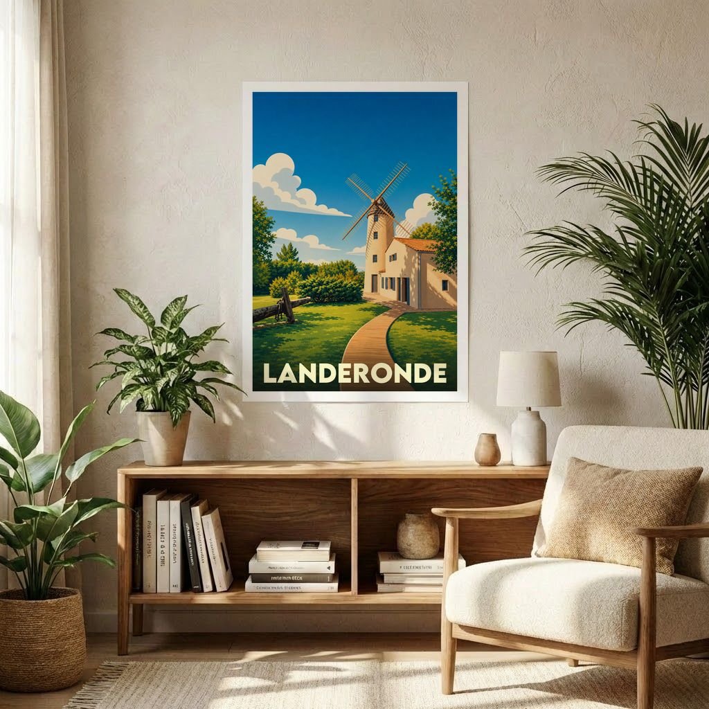 Affiche souvenir de la ville de Landeronde avec une illustration stylisée représentant un moulin à vent sous un ciel bleu.