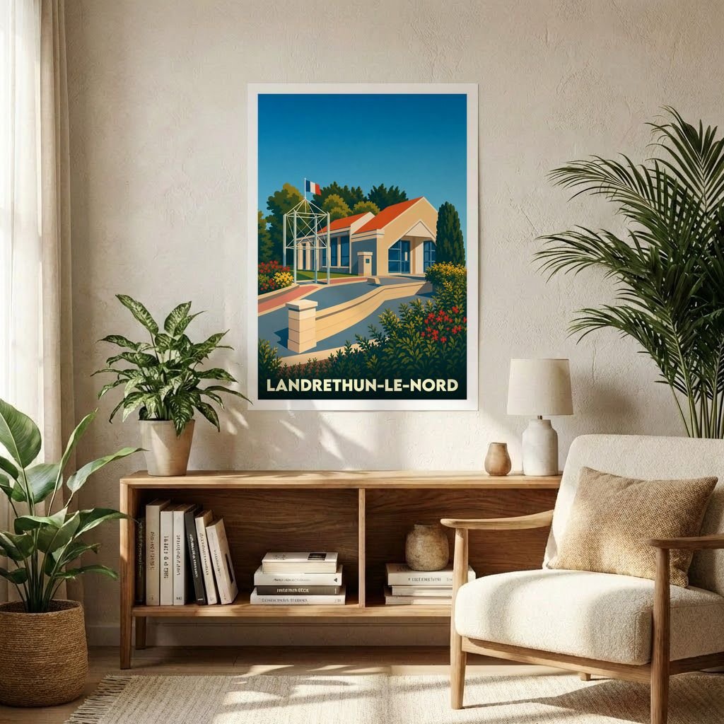 Affiche souvenir de la ville de Landrethun-le-Nord avec une illustration stylisée.
