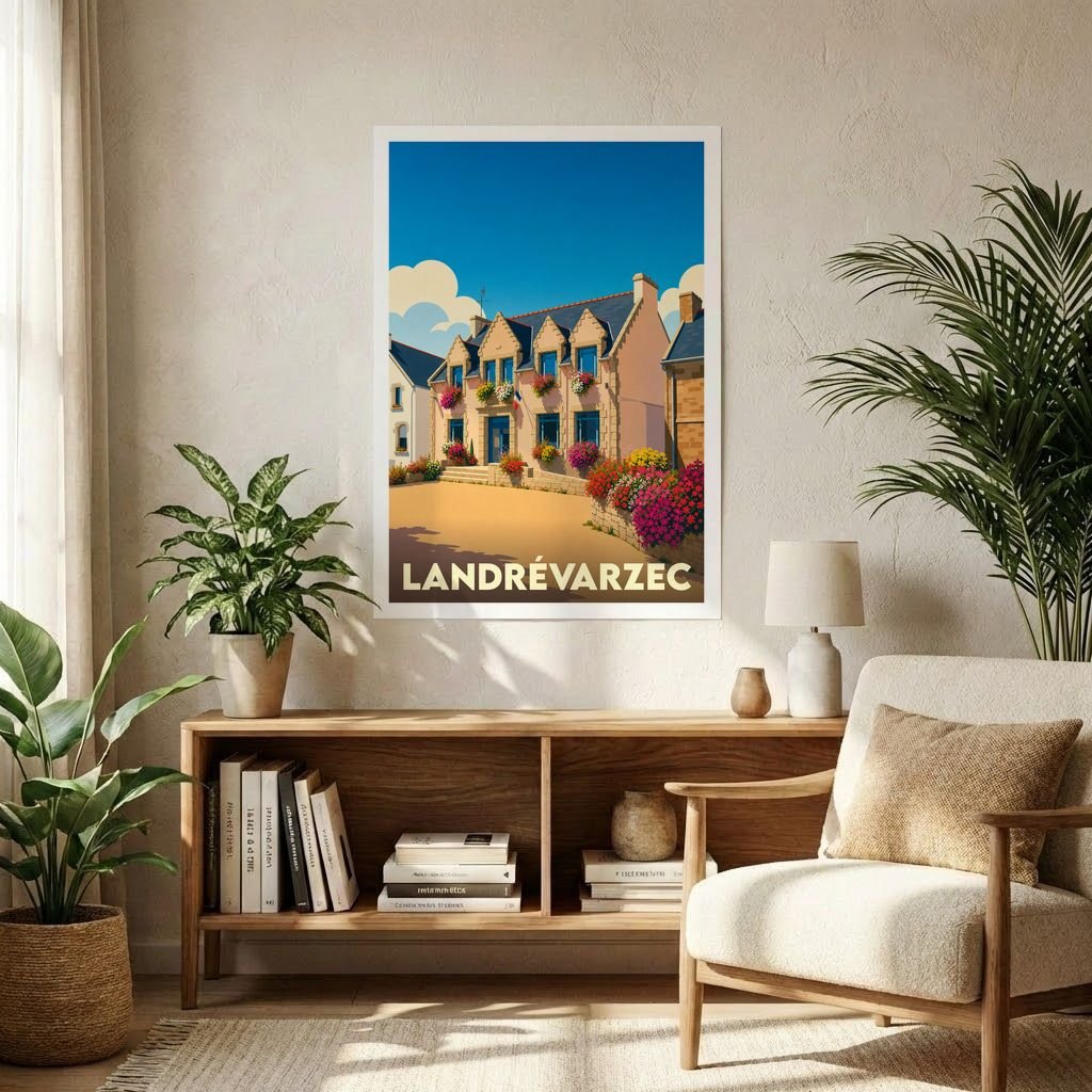 Affiche souvenir de la ville de Landrévarzec avec une illustration stylisée et colorée.