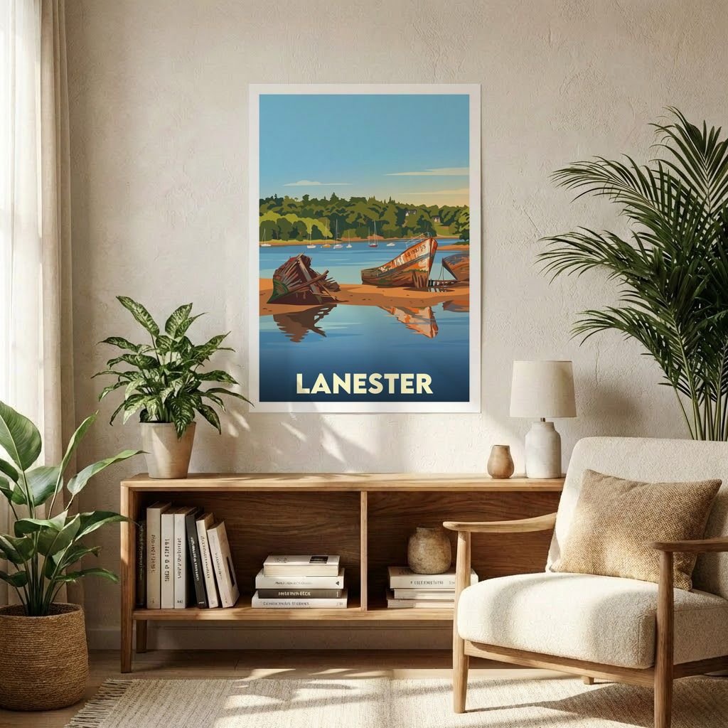 Affiche souvenir de la ville de Lanester avec une illustration stylisée de son cimetière de bateaux.