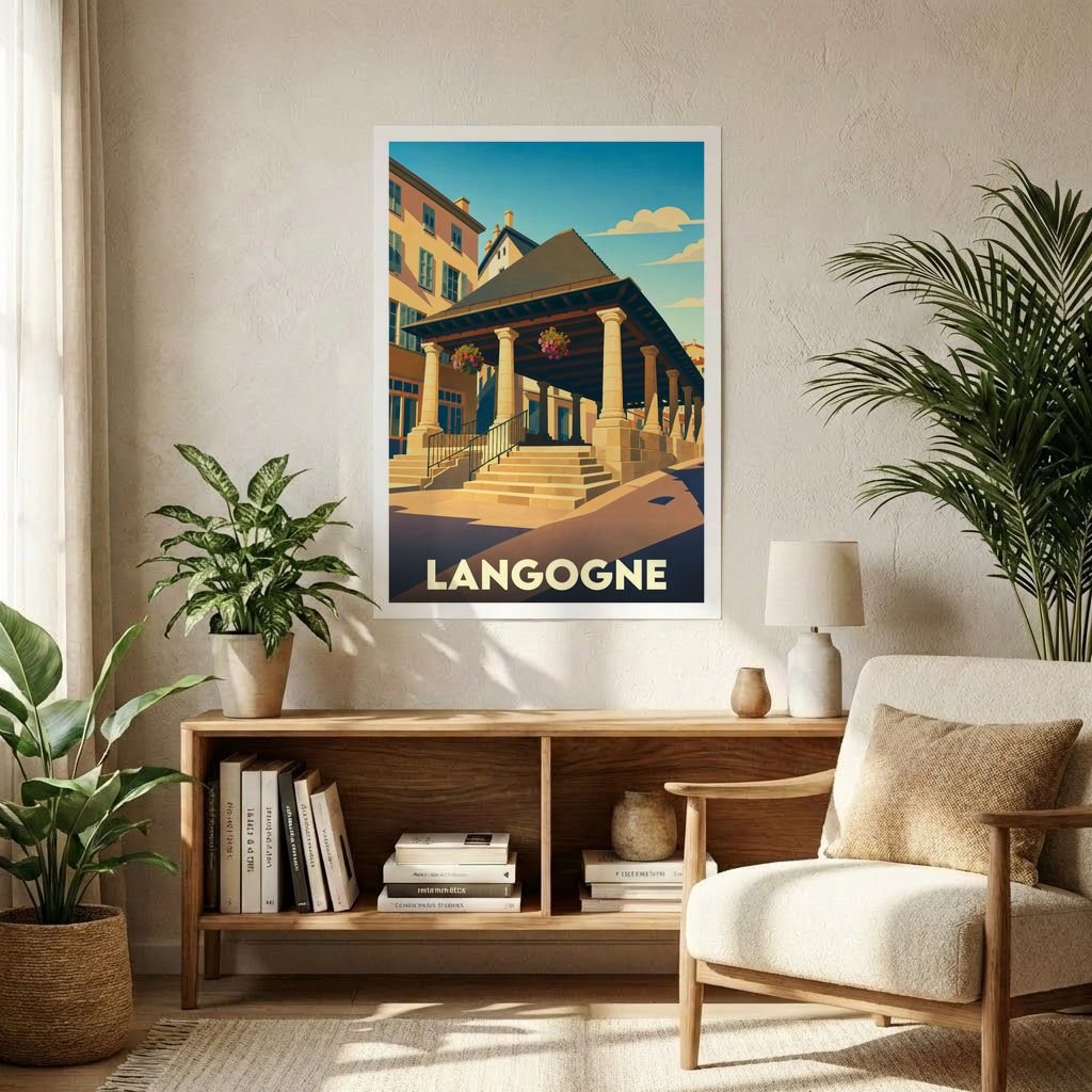 Affiche souvenir de la ville de Langogne avec une illustration stylisée et colorée.
