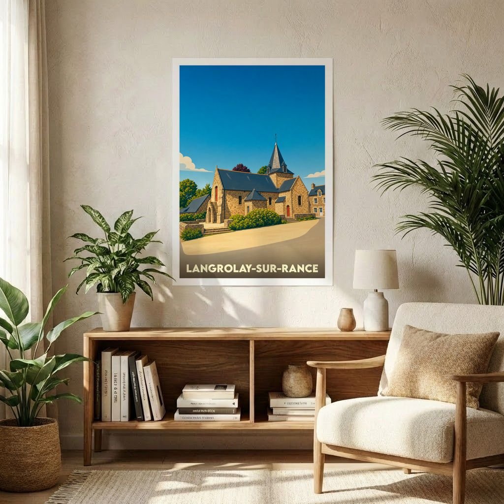 Affiche souvenir de la ville de Langrolay-sur-Rance illustrant son église dans un style vintage épuré.