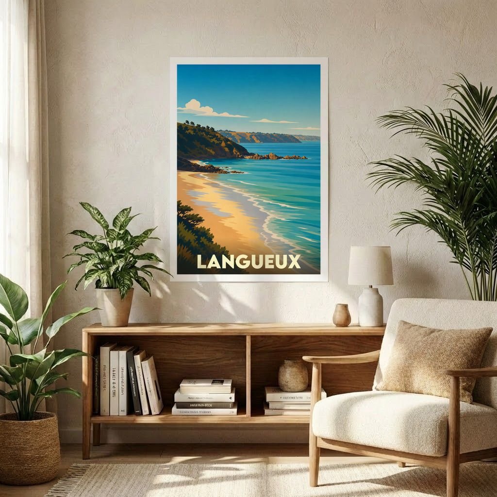 Affiche souvenir de la ville de Langueux avec une illustration stylisée d'un paysage côtier.
