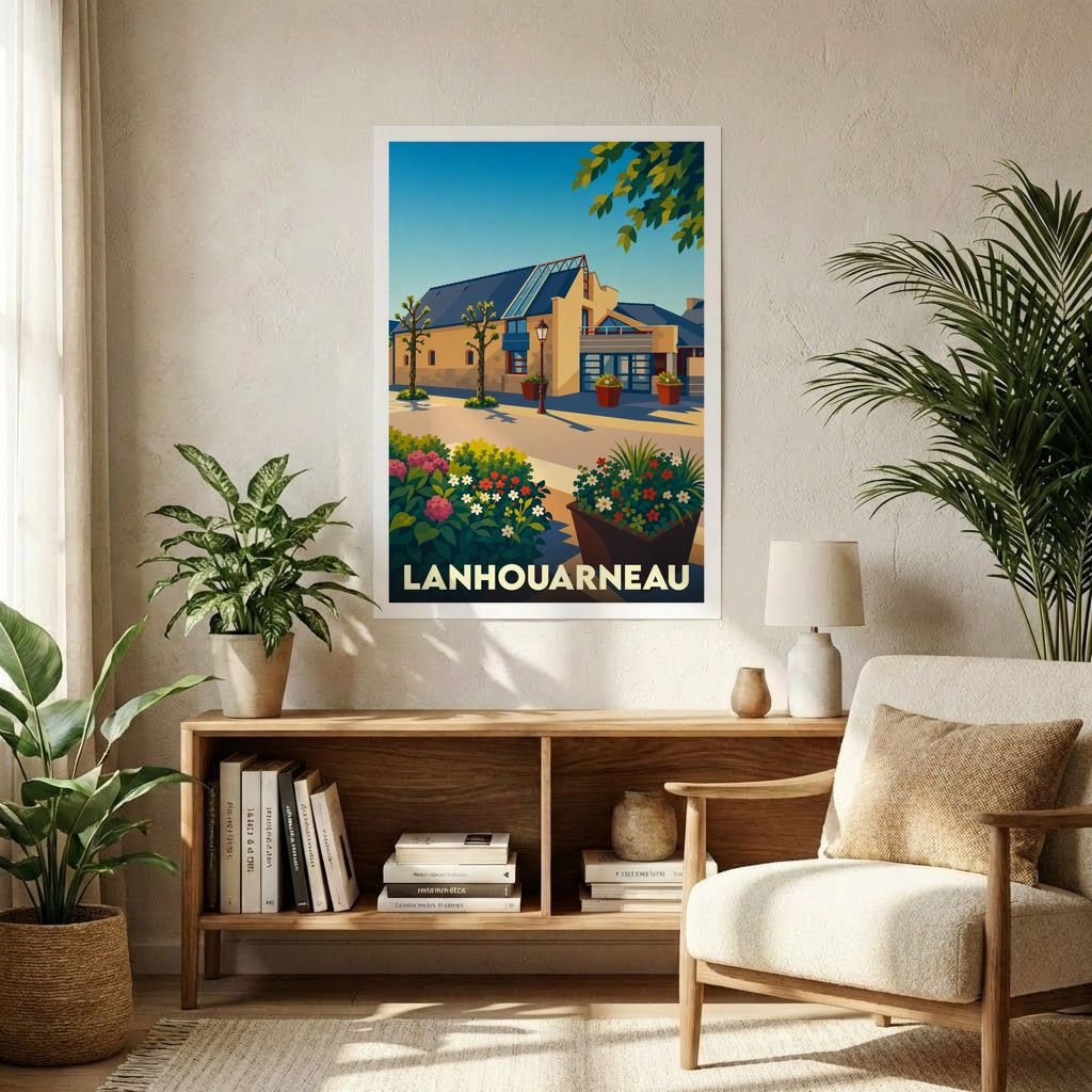 Affiche souvenir de la ville de Lanhouarneau avec une illustration stylisée et colorée.