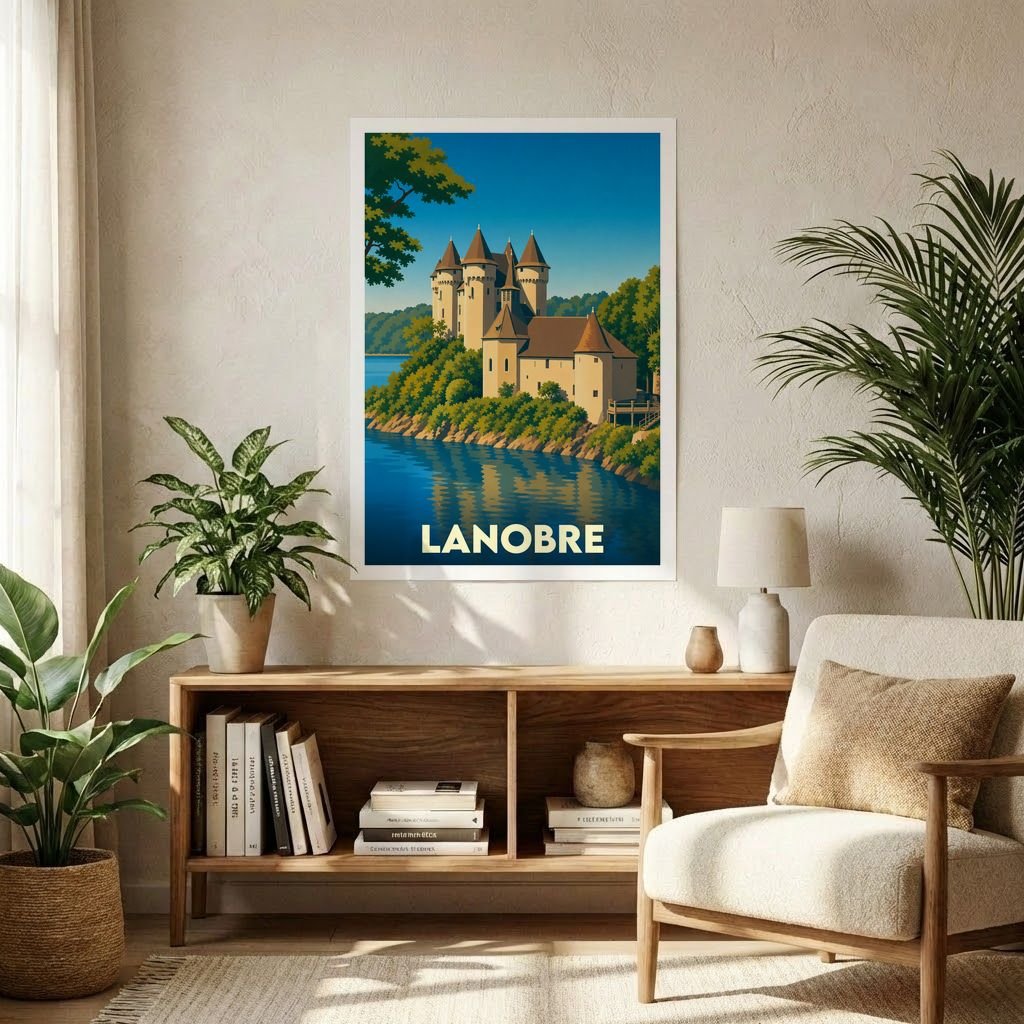 Affiche souvenir de la ville de Lanobre présentant une illustration stylisée de son château au bord de l'eau.