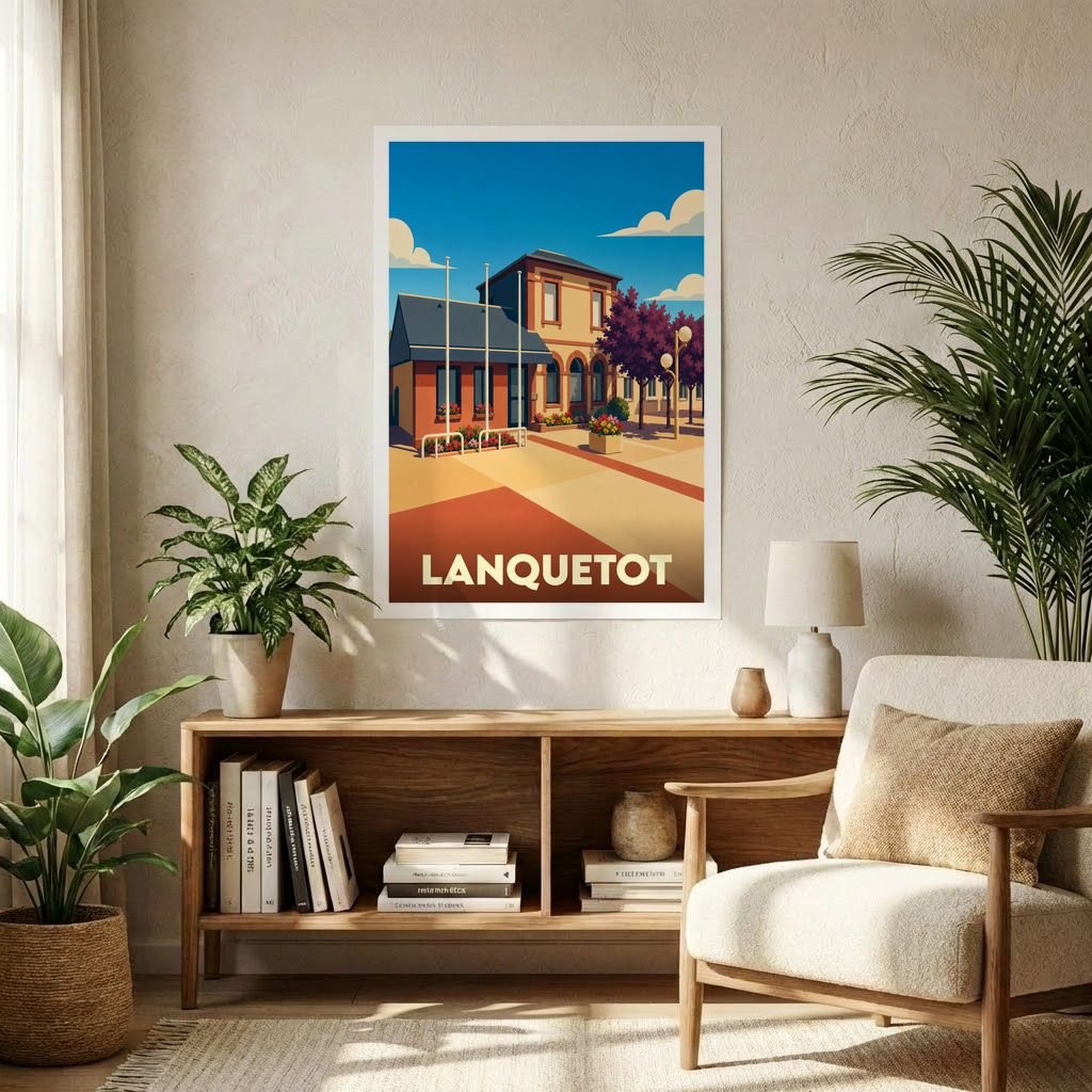 Affiche souvenir de la ville de Lanquetot avec une illustration stylisée et colorée.