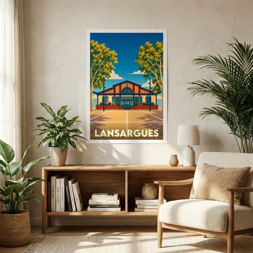 Affiche souvenir de la ville de Lansargues avec une illustration stylisée et colorée de son architecture locale.