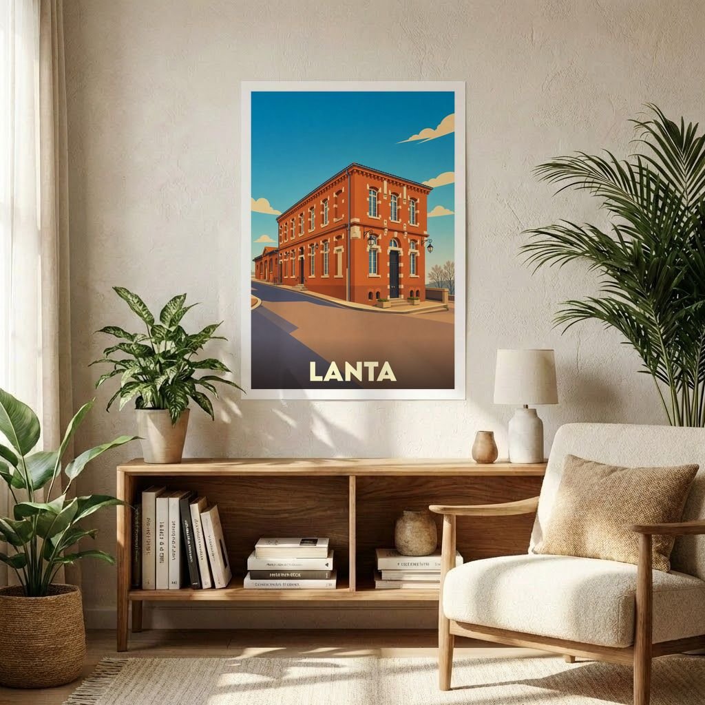 Affiche souvenir de la ville de Lanta avec une illustration stylisée d'un bâtiment en briques rouges.