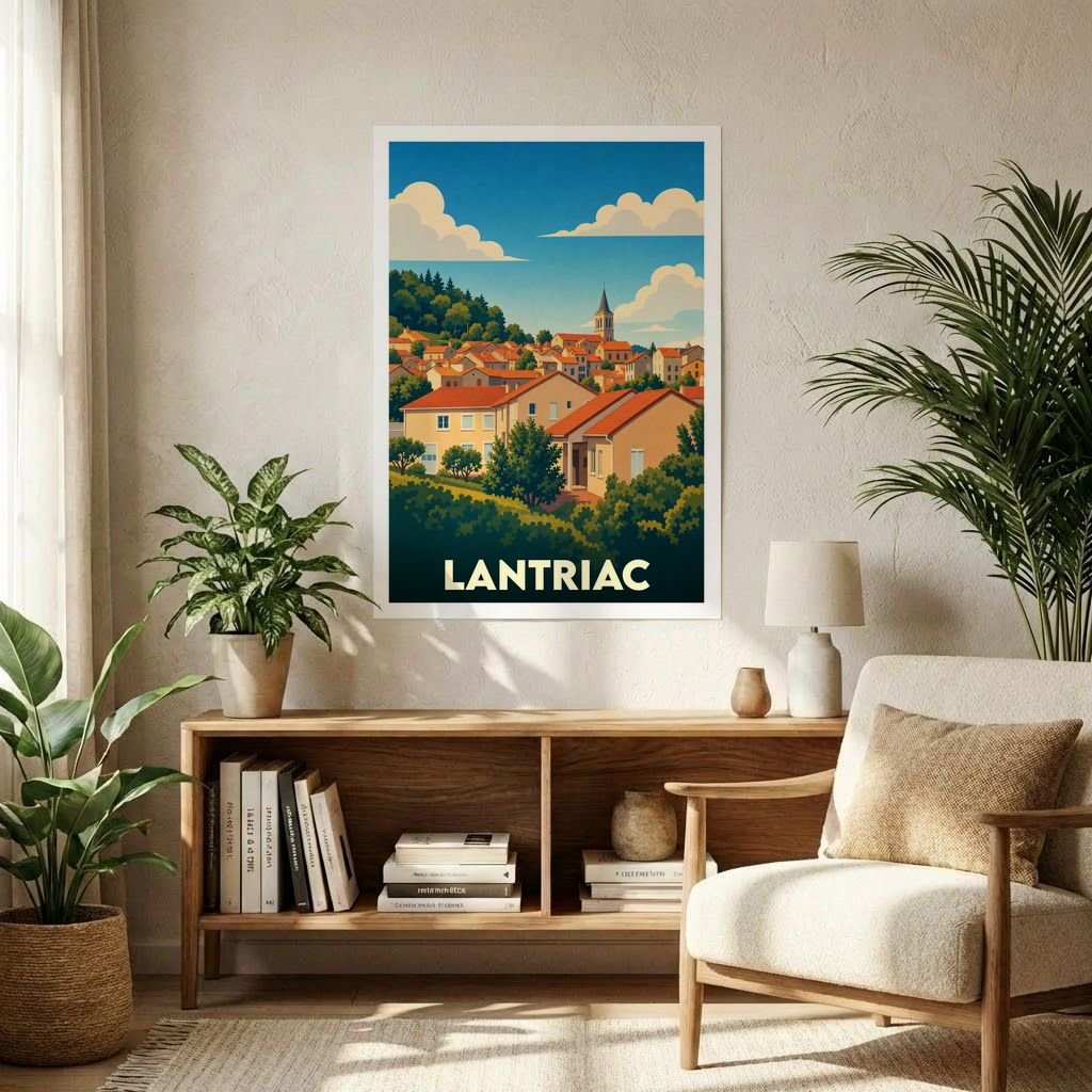 Affiche souvenir de la ville de Lantriac avec une illustration stylisée.